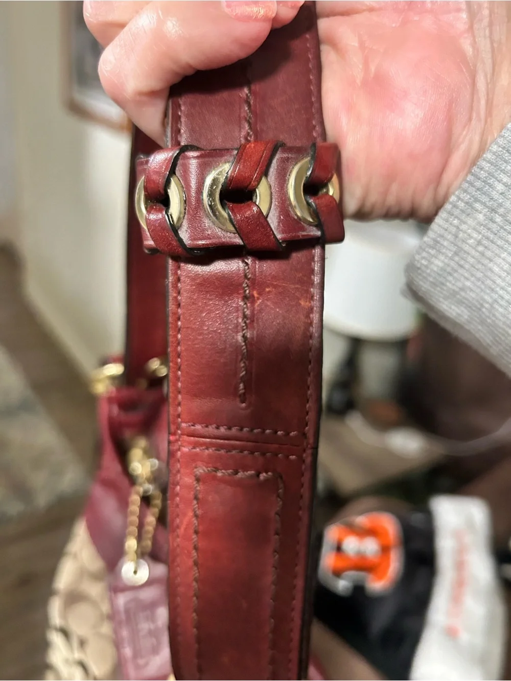 Coach Bleecker Beige Signature Canvas Bucket Bag with Burgundy Trim